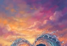 A stunning Wallpaper On Heart depicting an ocean wave dramatically forming a perfect heart shape against a vibrant sunset sky, with colorful reflections on the water