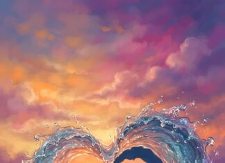A stunning Wallpaper On Heart depicting an ocean wave dramatically forming a perfect heart shape against a vibrant sunset sky, with colorful reflections on the water