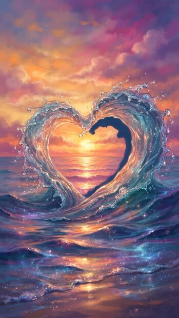 A stunning Wallpaper On Heart depicting an ocean wave dramatically forming a perfect heart shape against a vibrant sunset sky, with colorful reflections on the water