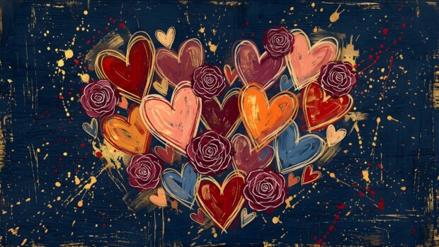 This artistic Wallpaper On Heart showcases a vibrant collection of painted hearts and roses forming a large heart shape against a dark blue textured background with gold splatters