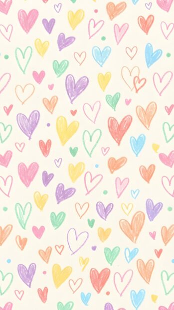 This charming Wallpaper On Heart features a pattern of pastel crayon-drawn hearts in various sizes and colors on a light cream background. It's a cute and simple option for mobile devices