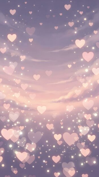 A dreamy Wallpaper On Heart featuring a pastel purple and pink sky background with numerous transparent floating heart shapes and sparkling light effects