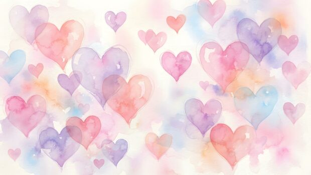 This Wallpaper On Heart features a beautiful watercolor pattern of pastel pink, purple, and blue hearts floating on a soft, dreamy background. It's perfect for a gentle desktop aesthetic