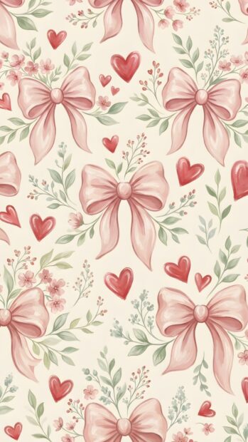 This Wallpaper On Heart features a repeating pattern of delicate pink bows, small red hearts, and elegant green foliage on a soft cream background. The watercolor style adds a gentle touch to the design
