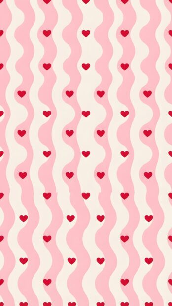 A charming Wallpaper On Heart featuring a geometric pattern of pink wavy stripes with small red hearts evenly distributed. This cute design is perfect for mobile and tablet screens