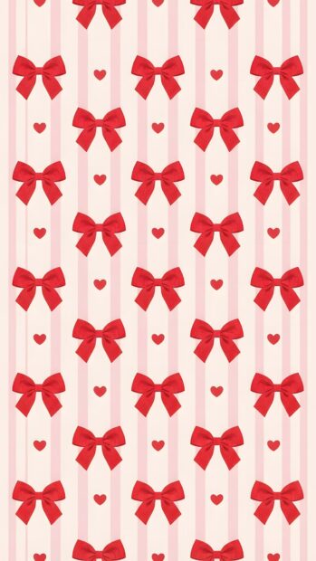 This charming Wallpaper On Heart features a repeating pattern of small red bows and tiny red hearts on a light pink striped background, ideal for mobile devices