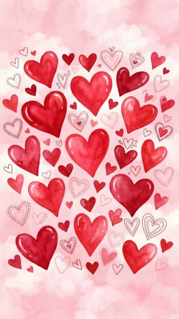 This Wallpaper On Heart displays a dense arrangement of red hearts, both solid and outlined, against a gentle pink watercolor background. The varied heart styles create a dynamic and lovely pattern