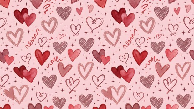 A charming Wallpaper On Heart featuring a seamless pattern of various red and pink hearts, including solid, outlined, and striped designs, on a soft pink background. This romantic pattern is ideal for a desktop