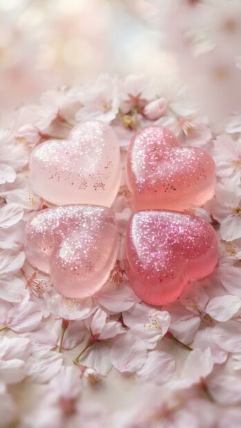This Wallpaper On Heart features four glistening pink and clear heart-shaped objects resting on a bed of delicate pink flower petals, creating a soft and romantic aesthetic