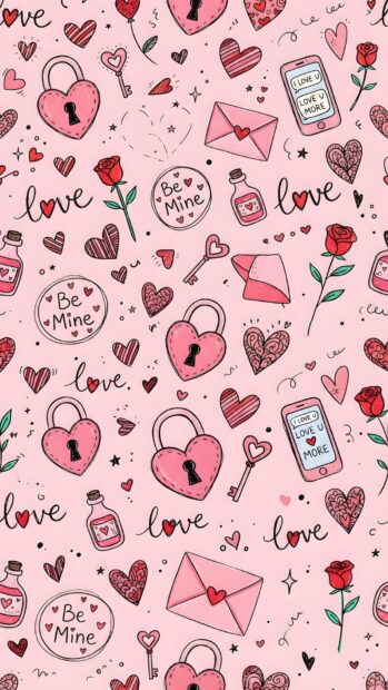 This charming Wallpaper On Heart displays a seamless pink pattern filled with hand-drawn Valentine's Day doodles like hearts, roses, locks, and "love" messages, perfect for a cheerful background