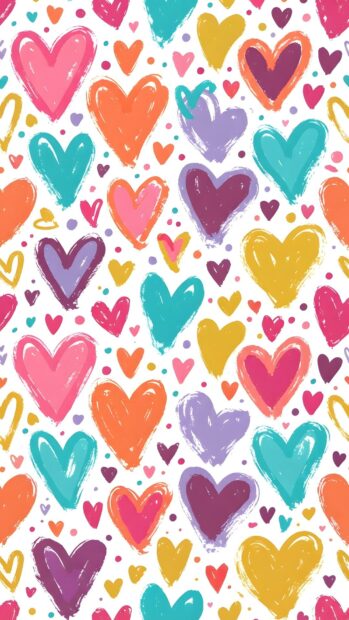 A vibrant Wallpaper On Heart showcasing a playful pattern of hand-drawn hearts in bright pink, orange, teal, and purple. This colorful design is ideal for mobile screens
