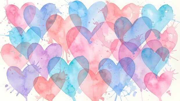 This Wallpaper On Heart features a beautiful arrangement of overlapping watercolor hearts in soft pastel shades of pink, blue, and purple, with artistic splashes on a white background. It creates a serene and artistic ambiance