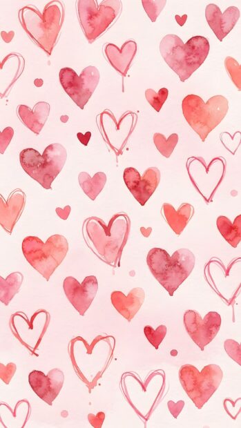 This Wallpaper On Heart features a charming pattern of various hand-drawn watercolor hearts in shades of pink and red on a light pink background, perfect for mobile devices