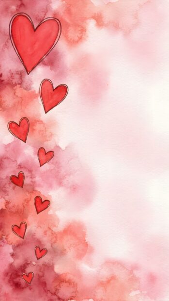 This Wallpaper On Heart showcases several red hearts floating upwards on a soft watercolor background of pink and red hues, leaving ample white space on the right. It's an artistic and functional design
