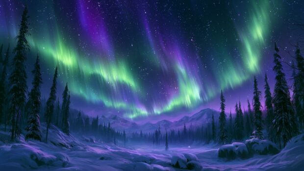 A spectacular winter wallpaper featuring the aurora borealis with vibrant green and purple lights over a snowy landscape