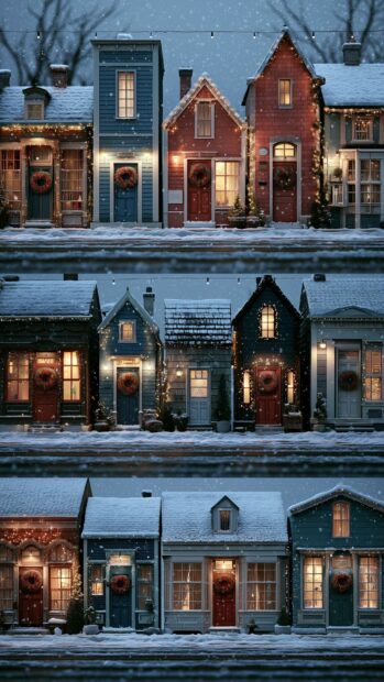 A charming winter wallpaper featuring a row of snow-covered houses beautifully decorated with Christmas lights and wreaths
