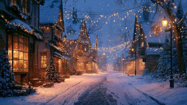 A beautiful winter wallpaper featuring a snow-covered Christmas village street illuminated by warm festive lights