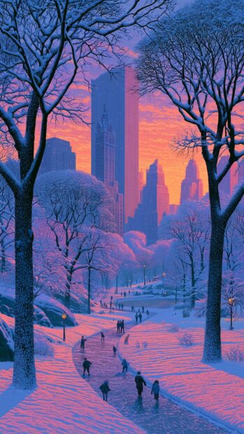 A vibrant winter wallpaper featuring a snowy city park with bare trees and tall buildings under a colorful sunset sky