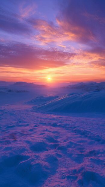 Winter wallpaper featuring a vibrant sunset over a snow-covered field with purple and orange skies