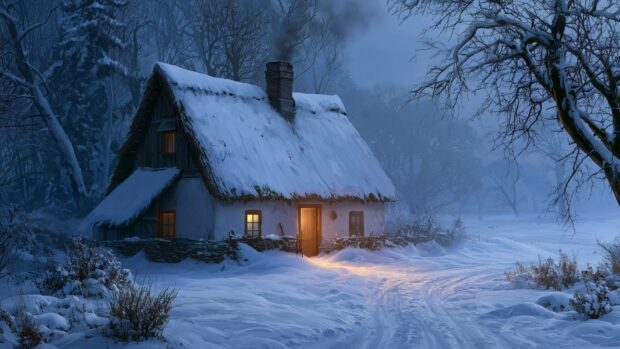 A serene Winter Wallpaper featuring a cozy cottage in a snowy field at dusk with warm lights and bare trees