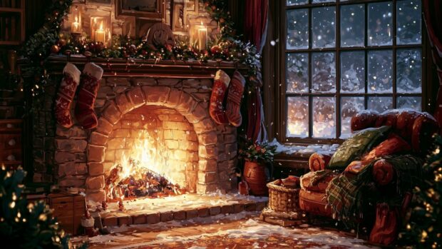 Winter wallpaper showcasing a cozy indoor scene with a warm fireplace, Christmas stockings, and a snowy window view