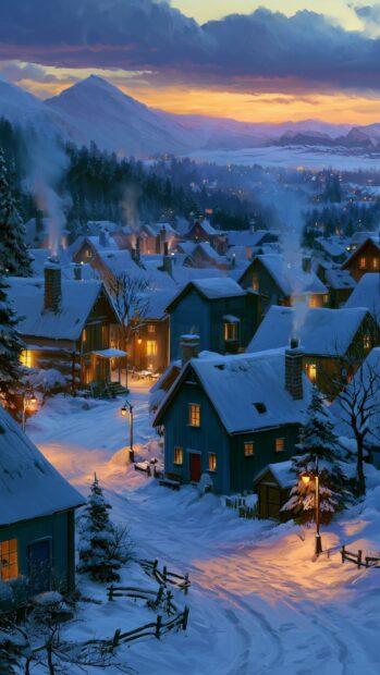 Winter wallpaper depicting a cozy snow-covered village at night with warm lights glowing from houses and smoking chimneys