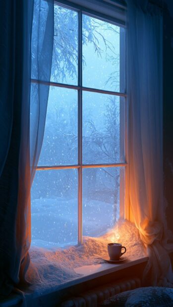 A beautiful Winter Wallpaper showing a cozy window sill with a cup, looking out at snow falling on frosted trees