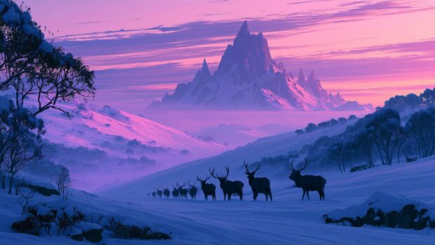 Winter wallpaper showing a herd of deer traversing a snowy landscape with a majestic purple mountain at sunset