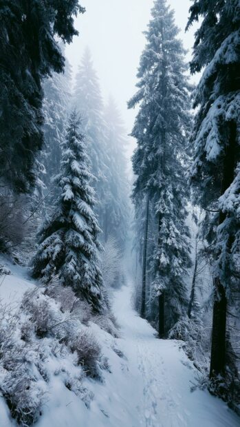 A mystical Winter Wallpaper showcasing a foggy snowy forest path winding through tall, snow-covered pine trees