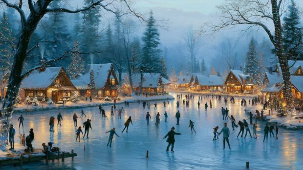 A beautiful winter wallpaper depicting an ice skating village scene with festive Christmas lights and snow-covered trees