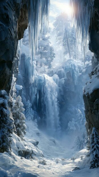 An enchanting Winter Wallpaper showcasing an icy waterfall within a snowy canyon, surrounded by icicles and frosted pines