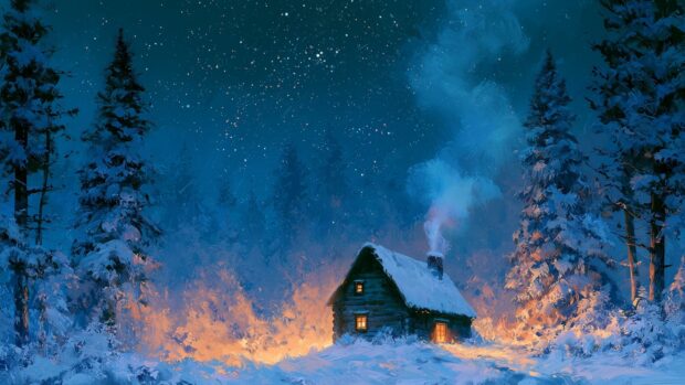 Winter wallpaper featuring a lonely cabin in a snowy forest at night with a warm glow and starry blue sky