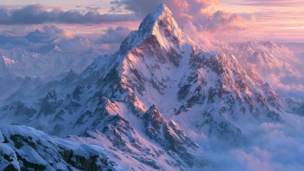 Winter wallpaper showcasing majestic snow-capped mountain peaks bathed in warm light with dramatic clouds