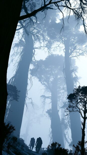 A mysterious winter wallpaper featuring two small figures walking through a misty, towering forest with bare trees