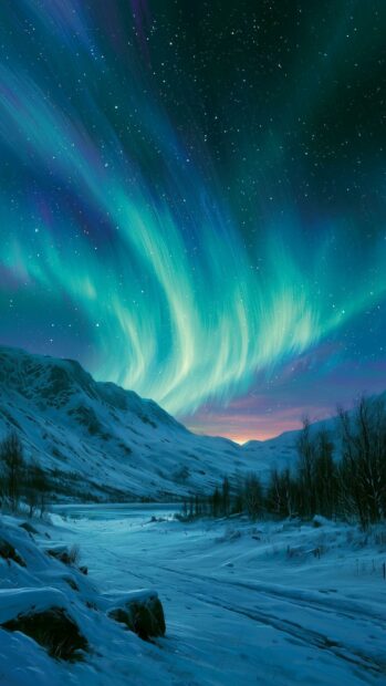 Winter wallpaper featuring the vibrant Northern Lights illuminating snowy mountains and a dark valley