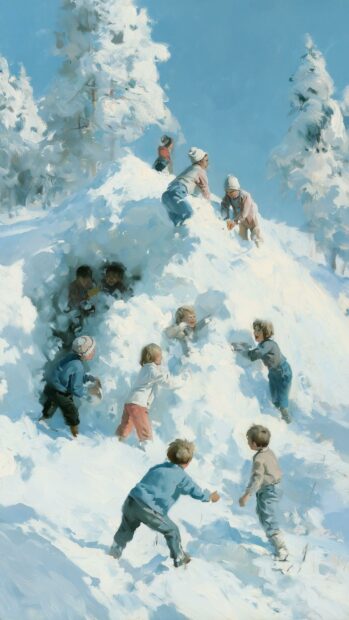 A lively Winter Wallpaper painting showing children playing and climbing on a large snow pile in a snowy setting