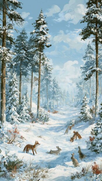 A charming Winter Wallpaper painting depicting foxes and rabbits playing in a snowy forest with tall pine trees