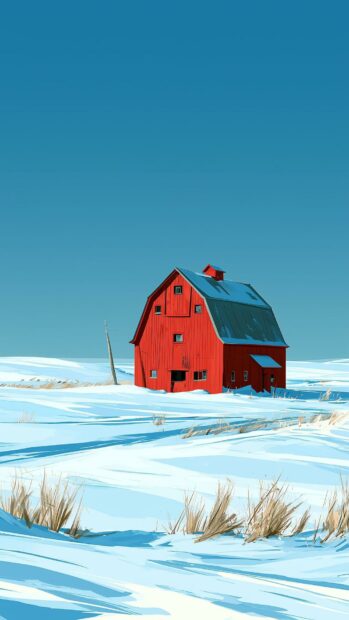 Winter wallpaper depicting a vibrant red barn standing alone in a vast snowy field under a clear blue sky