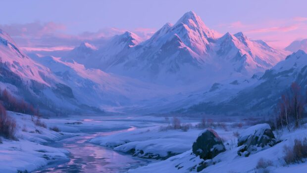 A scenic Winter Wallpaper depicting a vast landscape of snow-covered mountains and a winding river in a valley