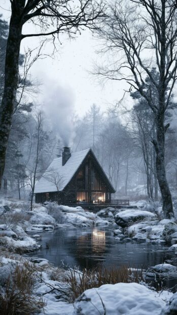 Winter wallpaper showcasing a rustic cabin nestled in a snowy forest by a calm river