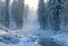 A serene winter wallpaper showcasing a snow-covered forest with tall pine trees and a partially frozen stream under a soft, misty light