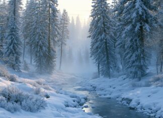 A serene winter wallpaper showcasing a snow-covered forest with tall pine trees and a partially frozen stream under a soft, misty light