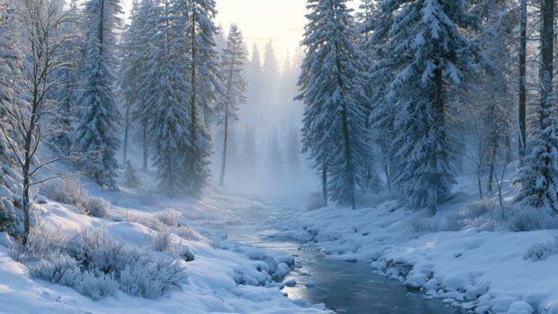 A serene winter wallpaper showcasing a snow-covered forest with tall pine trees and a partially frozen stream under a soft, misty light