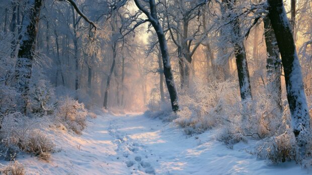 An enchanting winter wallpaper depicting a snowy forest path bathed in soft sunlight filtering through the trees