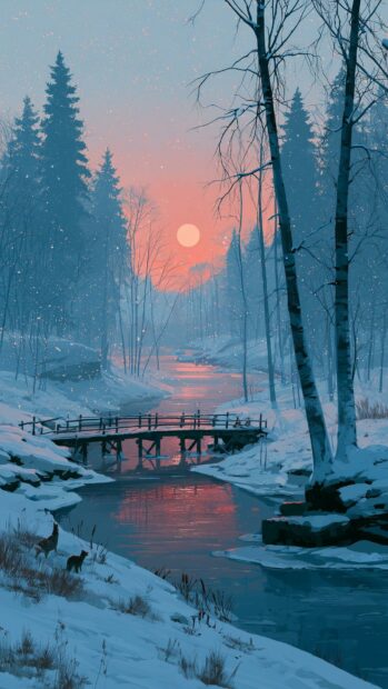 A peaceful winter wallpaper showing a snowy forest with a river, wooden bridge, and a soft sunset glow reflecting on the water