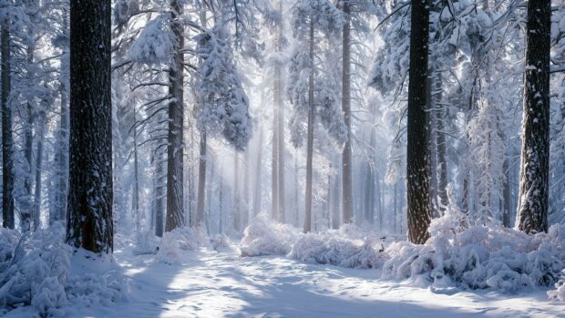 An enchanting winter wallpaper depicting a snowy forest with tall trees and sunlight shining through the branches