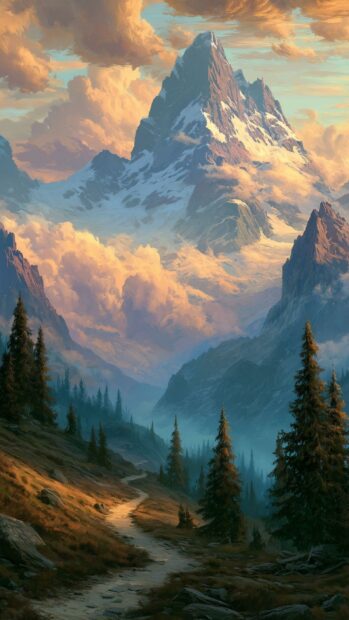 A breathtaking winter wallpaper featuring majestic snow-capped mountains, a winding path, and green pine trees under a dramatic cloudy sky