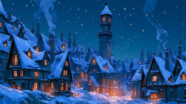 Winter wallpaper featuring a cozy snowy village at night under a starry blue sky
