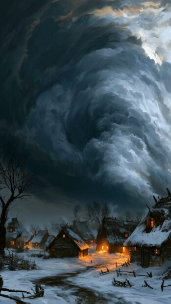 A dramatic Winter Wallpaper depicting a snowy village under a dark and swirling stormy sky