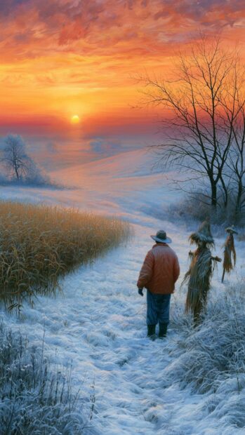 A scenic winter wallpaper showing a person walking through a snowy field at sunset with bare trees and scarecrows